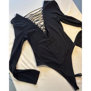 Victoria’s Secret Black One Piece Bodysuit S Snap Lace-Up Plunge Long Sleeve